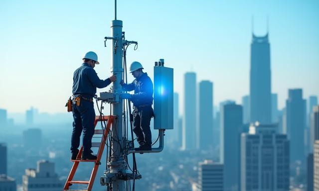 5G-Techniker überprüfen Netzwerkgeräte